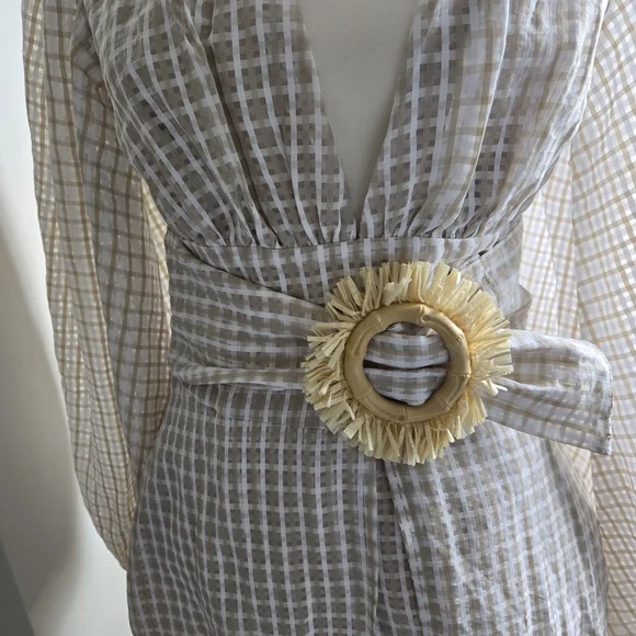 MISSGUIDED Size 6 Tall White&Cream Plaid V-Neck Dress, Wide Belt Straw Accent - Picture 4 of 12